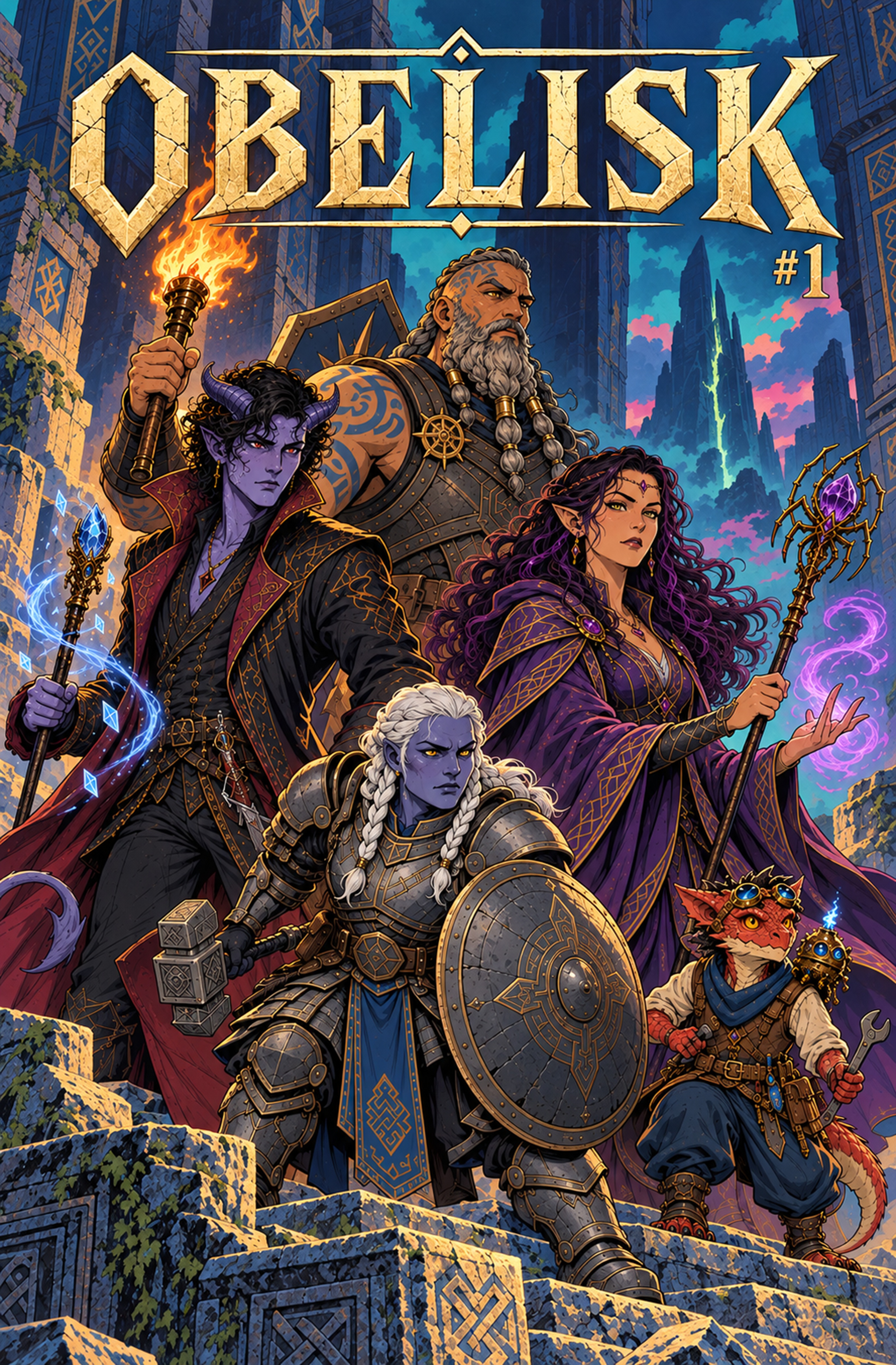 Obelisk Issue 1 cover featuring Levi, Oxhide, Lia, Molo with Cog, and Brynja.