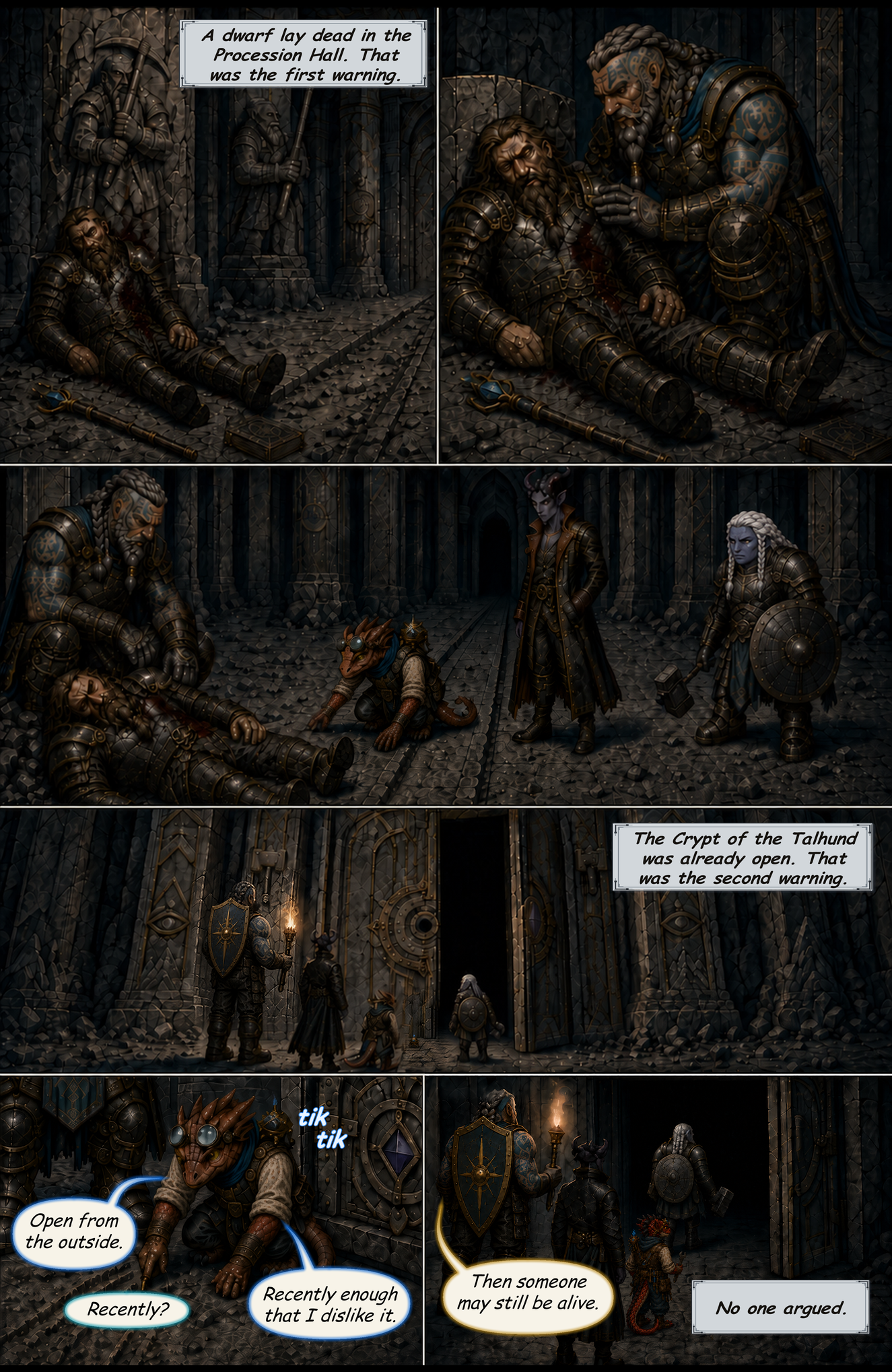 Obelisk Page 01: the party finds a fallen dwarf and enters the open Crypt of the Talhund.
